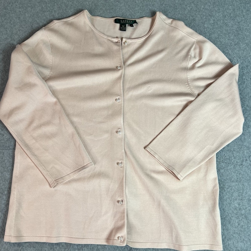 Lauren By Ralph‎ Lauren XL Silk Blend Blush Pink Cardigan Knit Pearl Buttons